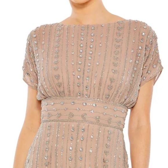 Mac Duggal Beige Beaded Cap Sleeve Dress - Great for Weddings and Formal Events - Picture 2 of 7